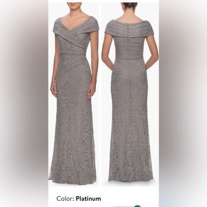 LA FEMME: Portrait Neck Lace Gown